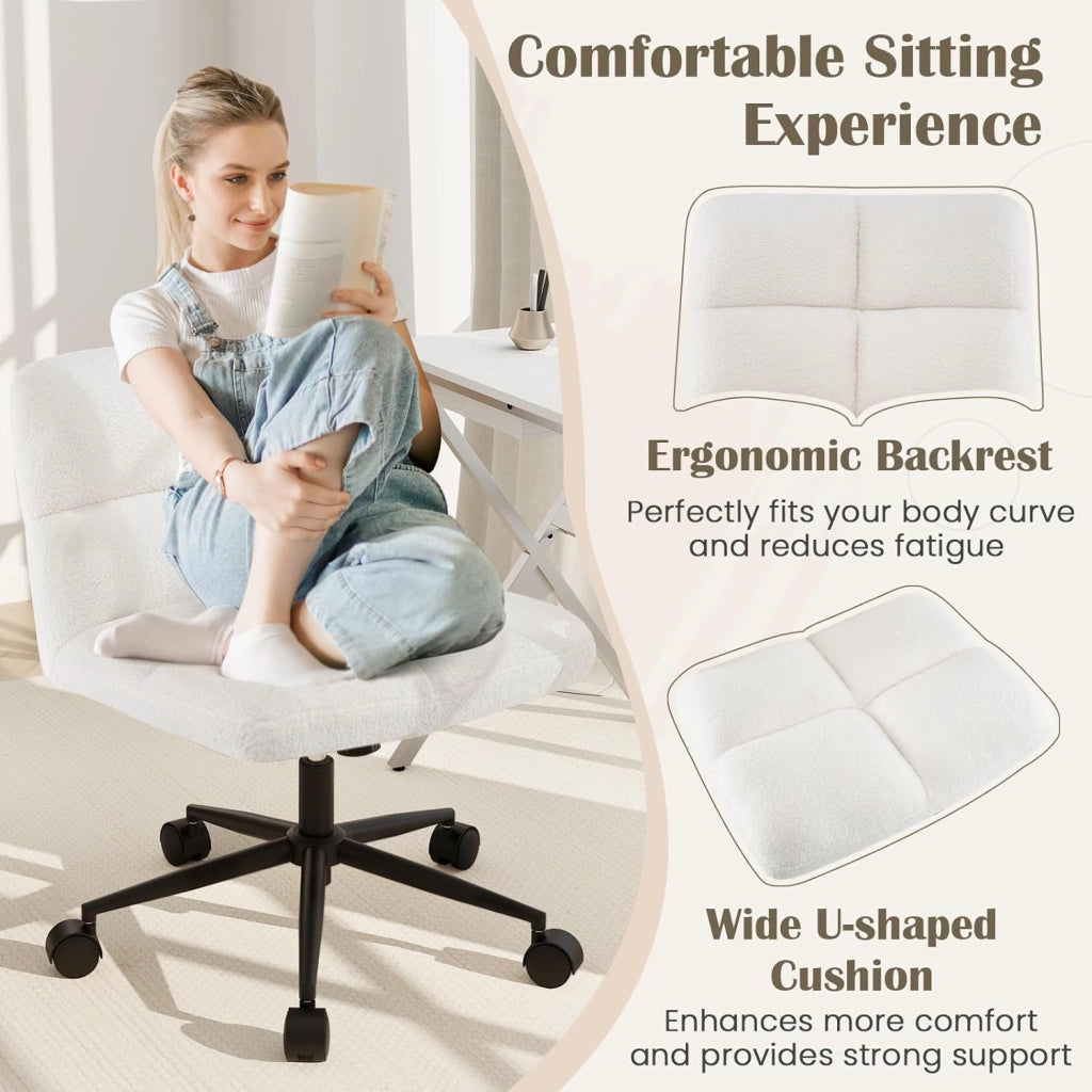 Sedia da ufficio con altezza regolabile, con 5 ruote, 73 x 69 x 79-87 cm, sedia girevole con gambe incrociate e seduta imbottita, sedia senza braccioli, per soggiorno, studio (beige)
