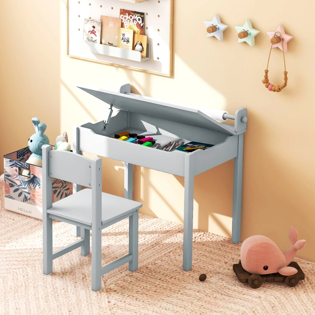Tavolo per bambini con sedia vano portaoggetti e portarotolo per disegnare giocare, Set di tavolino con sedia Grigio-Tavoli e sedie