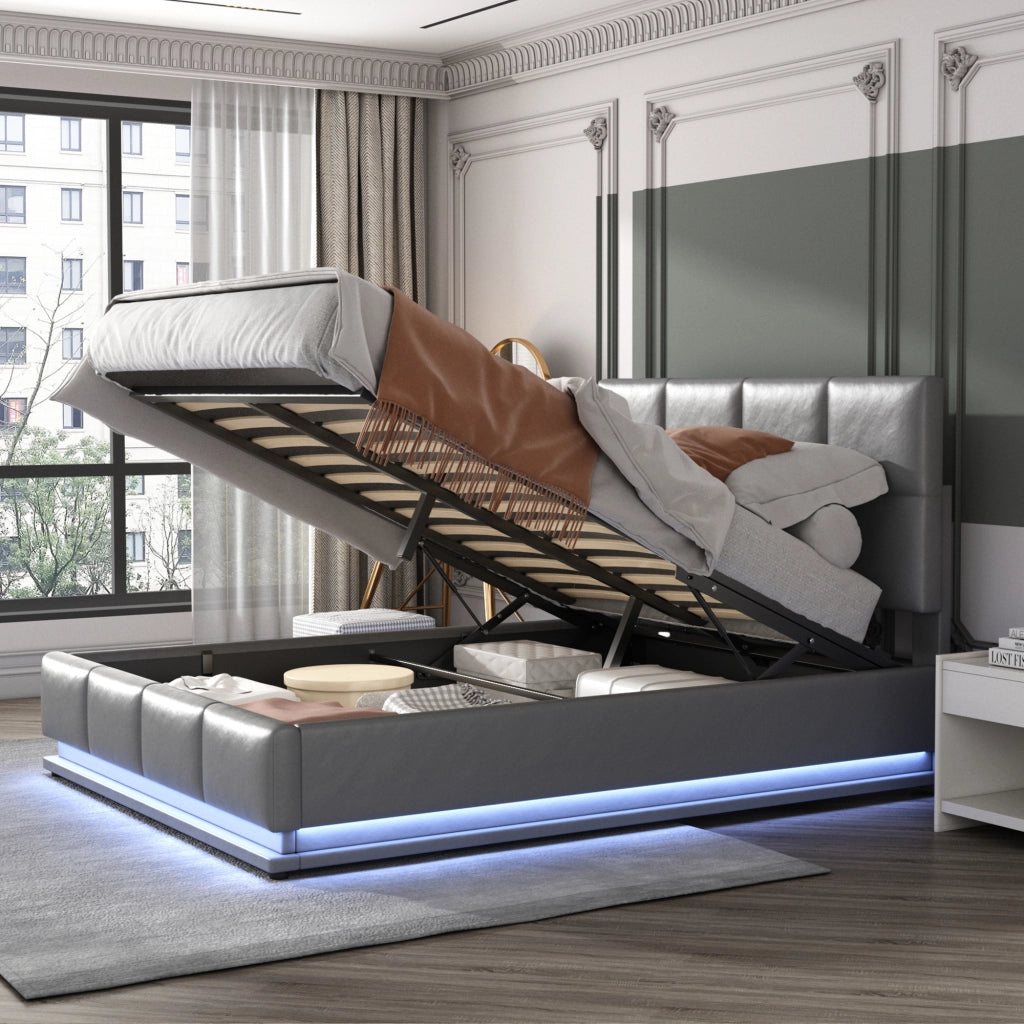 Letto contenitore matrimoniale 140×200 cm con LED e rete sollevabile; senza materasso; grigio