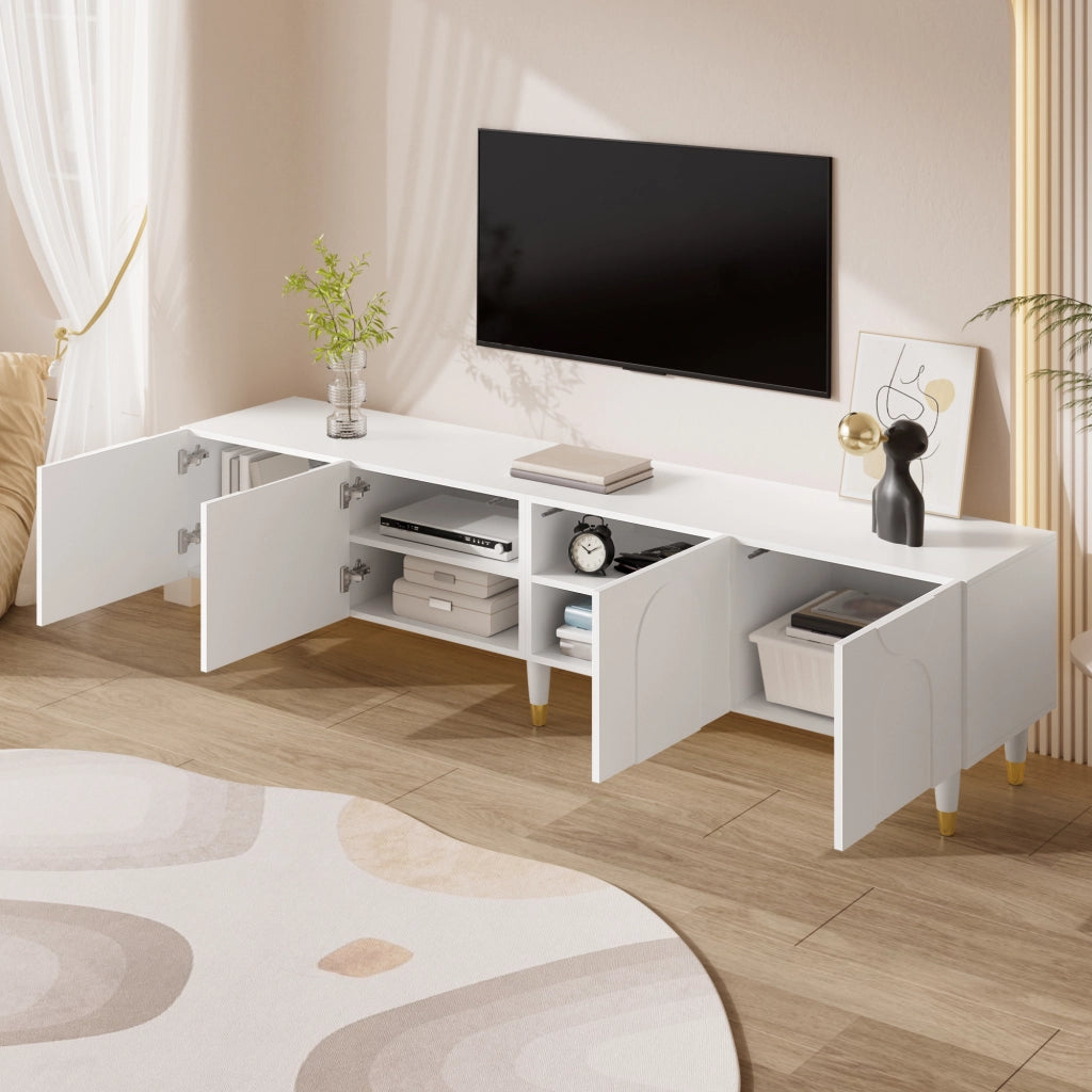 Mobile porta TV con 4 ante e vani, ripiano con passacavi, per soggiorno, in MDF e truciolare bianco 180 × 40 × 50 cm