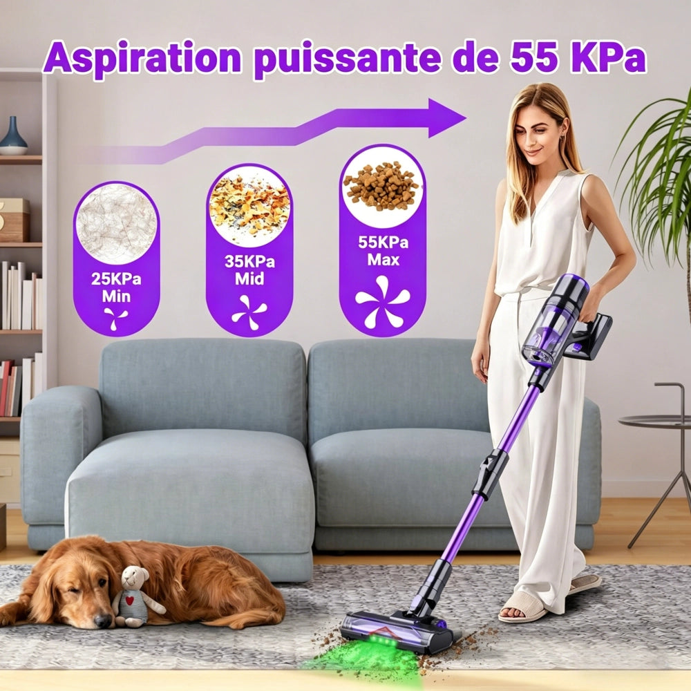 Aspirapolvere a bastone senza fili - DSV112A - 550W - 55Kpa - 60 Min di autonomia - Per peli animali Purple