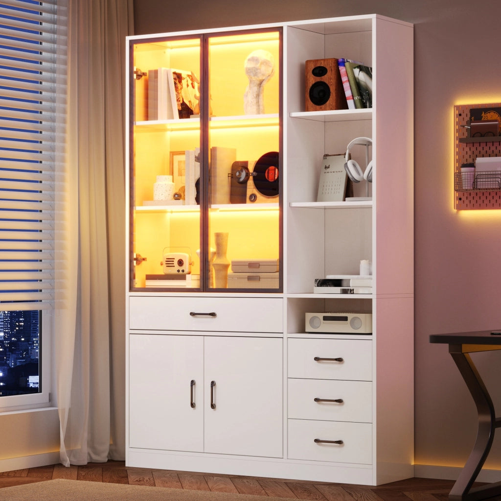 Libreria alta bianca con vetrina 120 x 35 x 200 cm; 4 cassetti e illuminazione LED