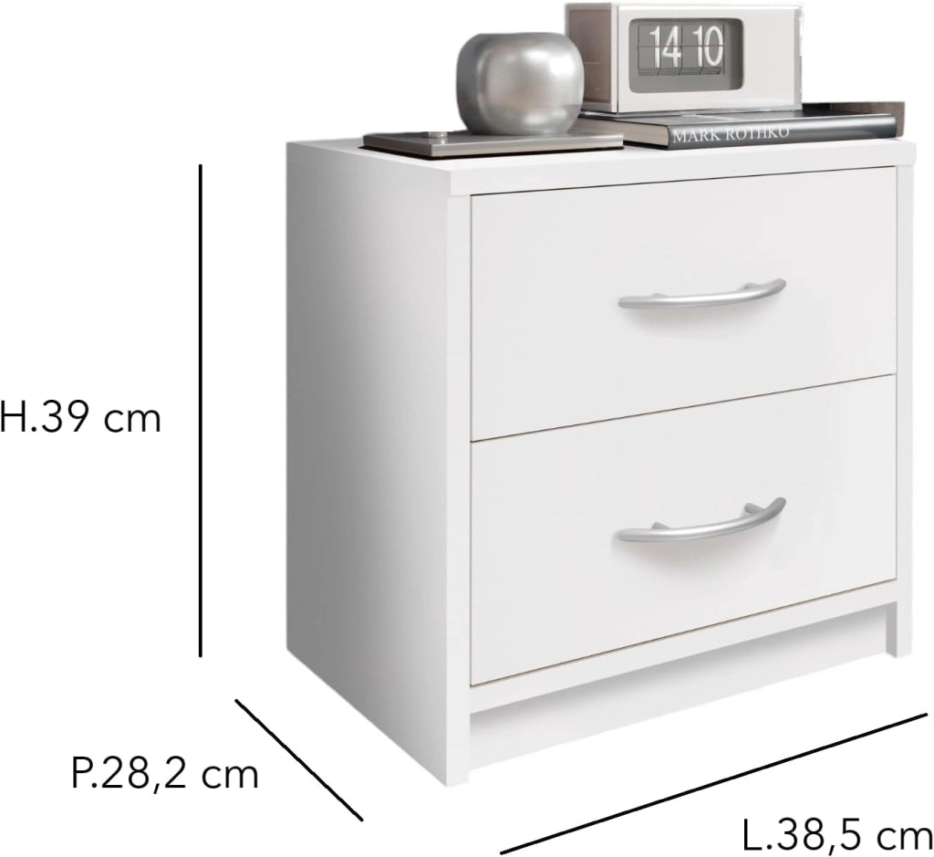 Comodino Bianco 2 Cassetti Moderno Compatto 38,5x28,2x39 cm