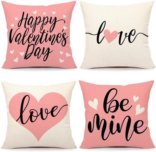Set di quattro cuscini per Valentino, 45 x 45 cm, stile campagna primaverile, rosa, tema d'amore, decorazione di festa, decorazione di interno.