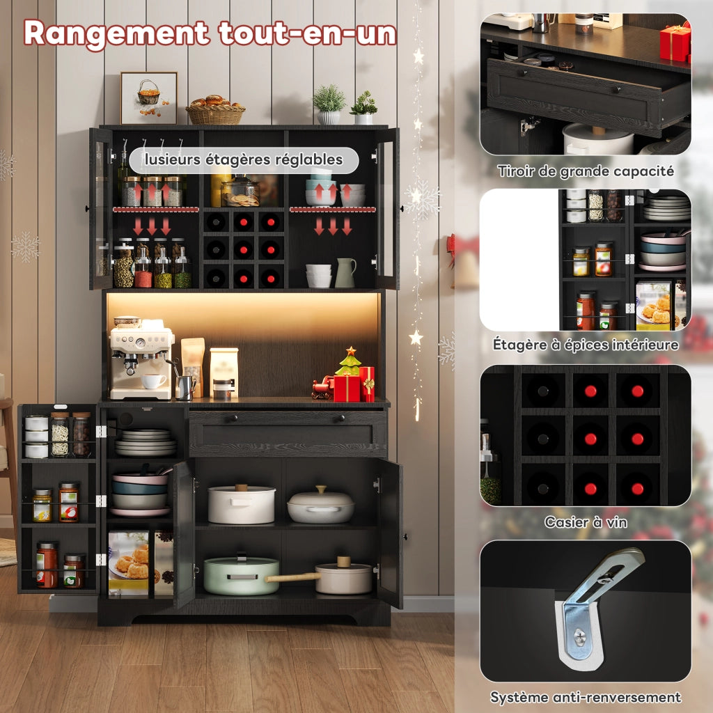 Credenza da Cucina Alta con 5 Ante e 1 Cassetto; LED e Prese; Ripiani Regolabili; in MDF; 105x40x180 cm; Nero