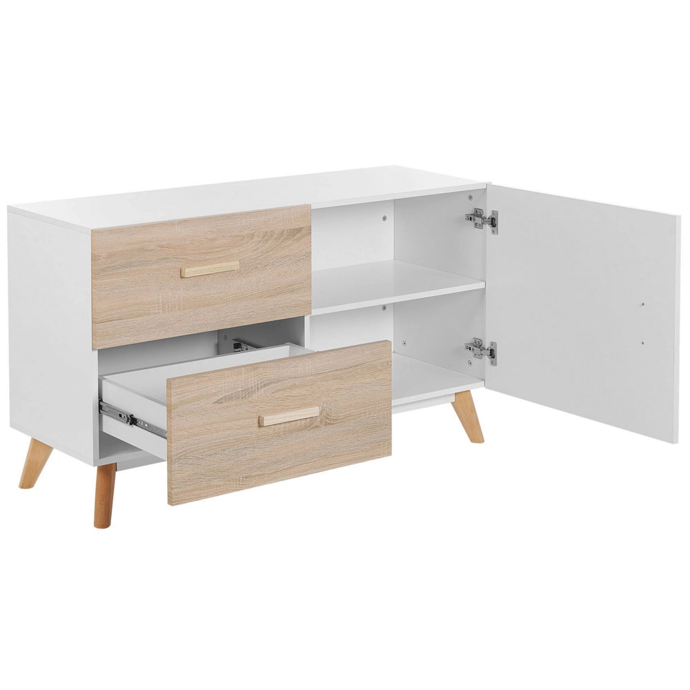 Credenza Bianca e Legno Chiaro MDF 2 Cassetti Scaffali Armadio Gambe in Legno Portaoggetti Soggiorno