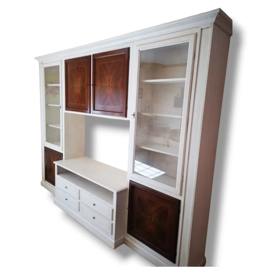 Parete attrezzata shabby legno bianca noce con intarsi 322x56x237 (344) - Mobili 2G