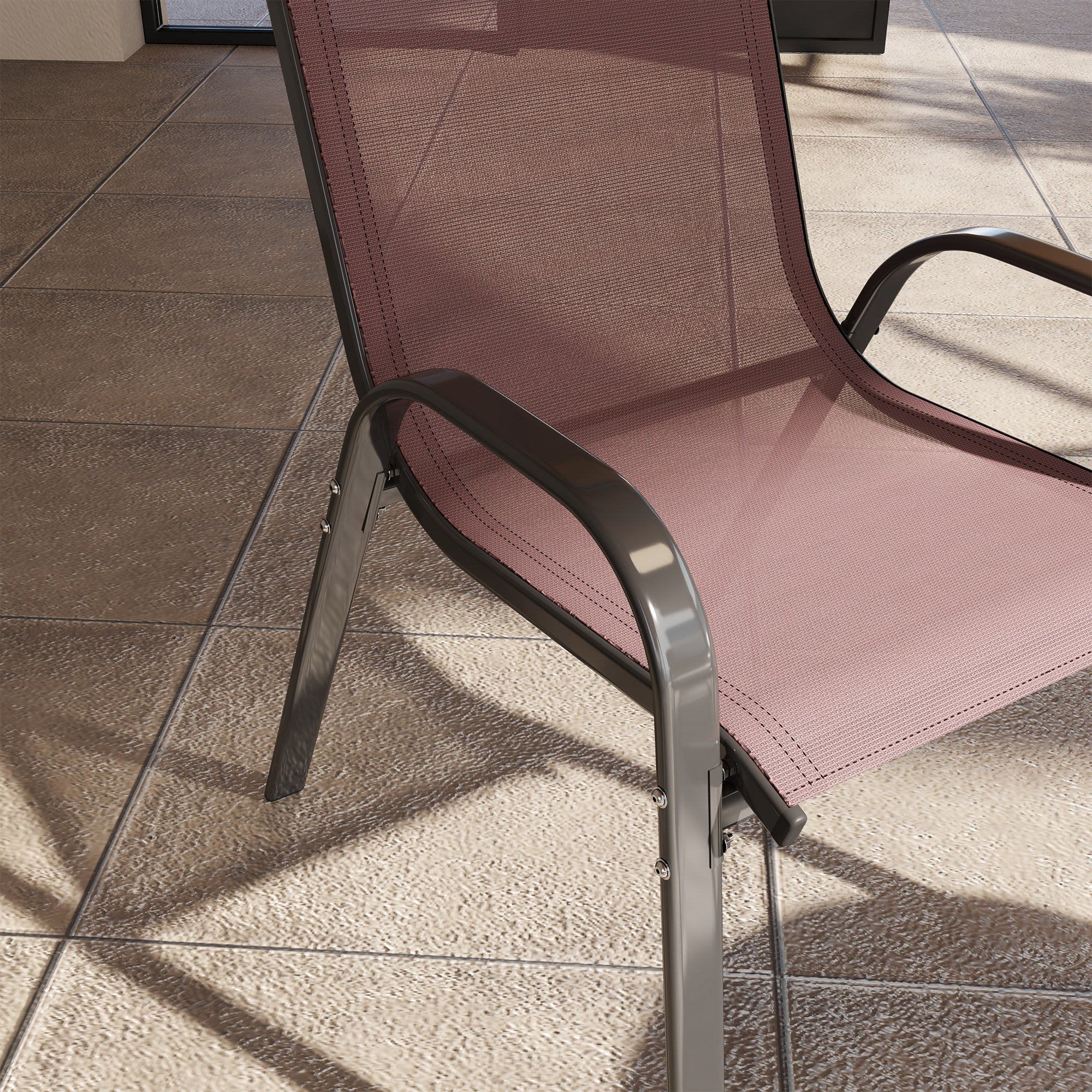 Set 4 Sedie da Giardino 54x71x93 cm Impilabili con Braccioli Curvi in Acciaio e Tessuto Traspirante Marrone