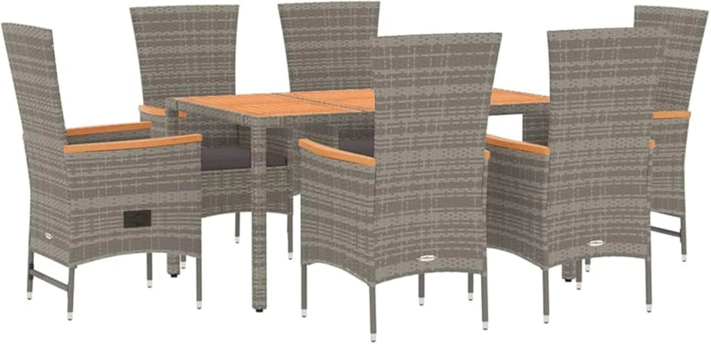 Set da pranzo da giardino 7 pezzi e cuscini in rattan sintetico grigio, set tavolo e sedie da giardino, tavolo da terrazza e sedie, set da giardino, mobili da giardino per esterni 3157540
