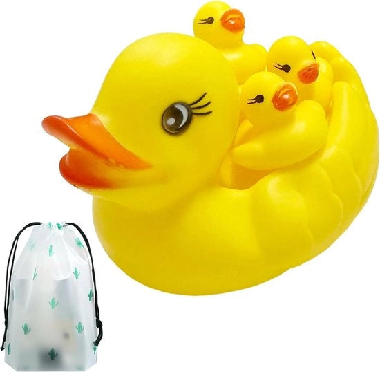 Bambino 4 pezzi di giocattolo per il bagno in gomma - anatra galleggiante per il bagno - classico giocattolo di anatra - con tasca di stoccaggio con cordoncino di chiusura.