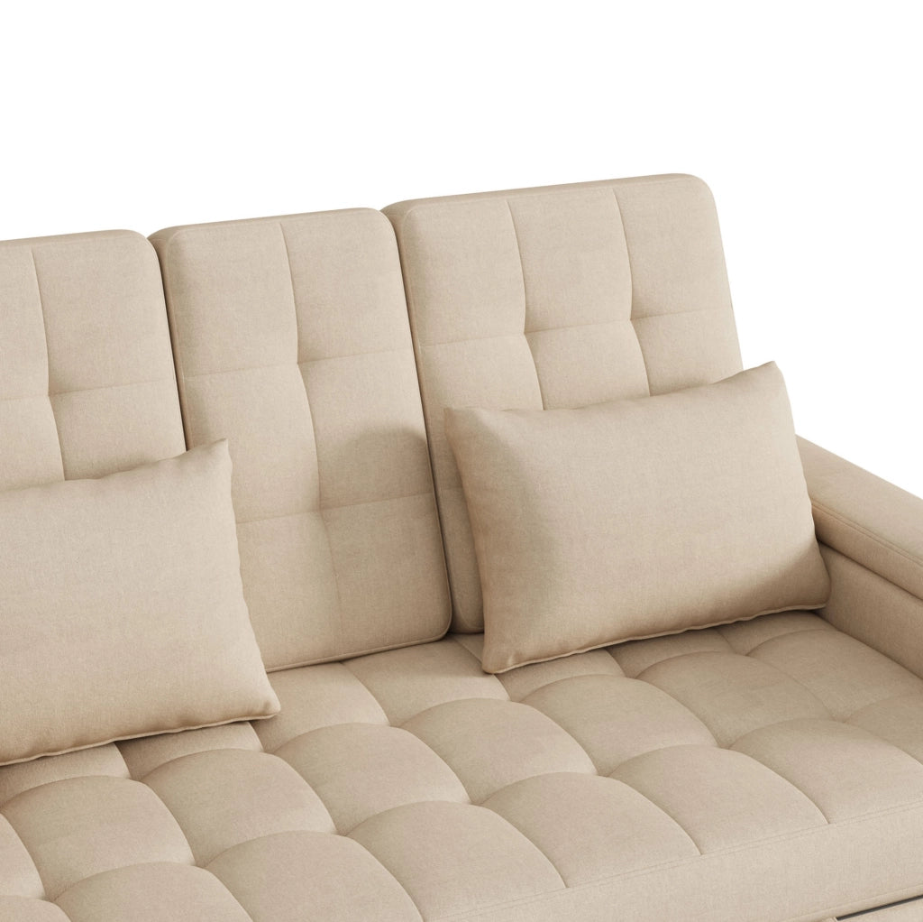 Divano letto 2 posti estraibile con schienale regolabile e vani portaoggetti; beige