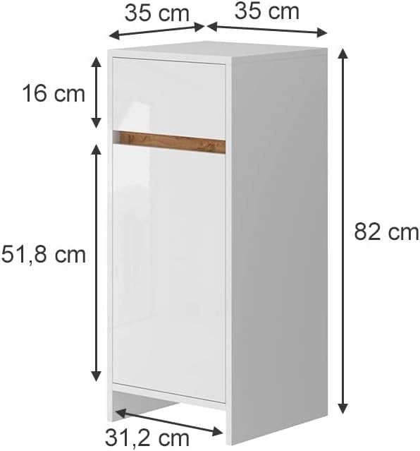 Mobiletto midi Detmold, Bianco lucido/oro power oak, 35 x 82 cm con anta e cassetto, adatto per montaggio a parete e combinabile con la serie Detmold