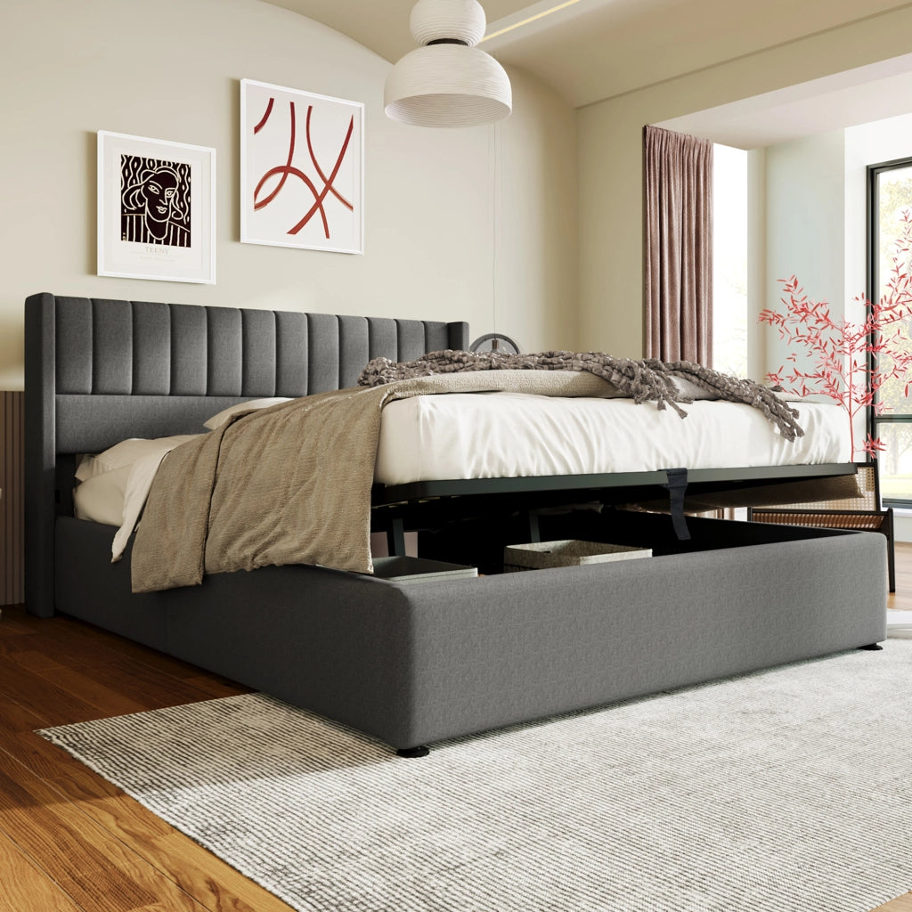 OKWISH Letto Contenitore 180×200 cm, Letto Matrimoniale con Contenitore, Testiera Imbottita e Doghe, senza Materasso, in Lino, Grigio