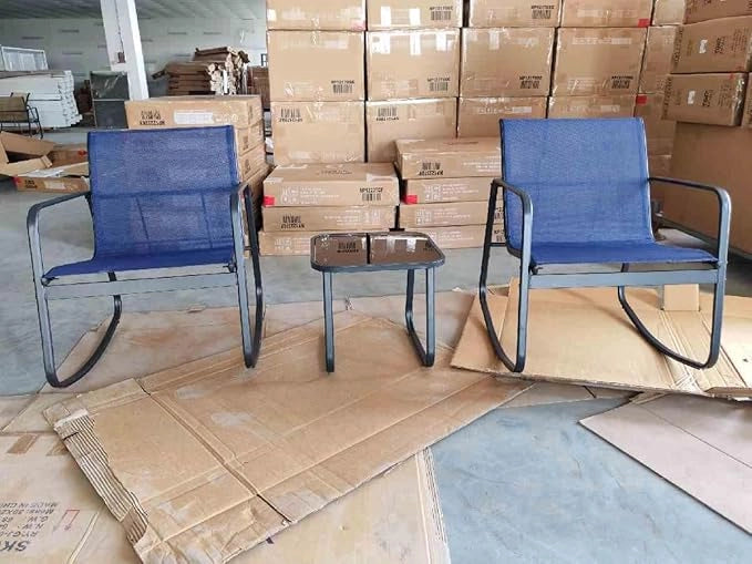 Set Tavolino e Sedie da Giardino, Set di Mobili a Dondolo, Set Bistrò 3 Pezzi, Tavolino in Vetro Temperato, Sedie in Textilene, per Giardino Cortile Piscina (Blu)