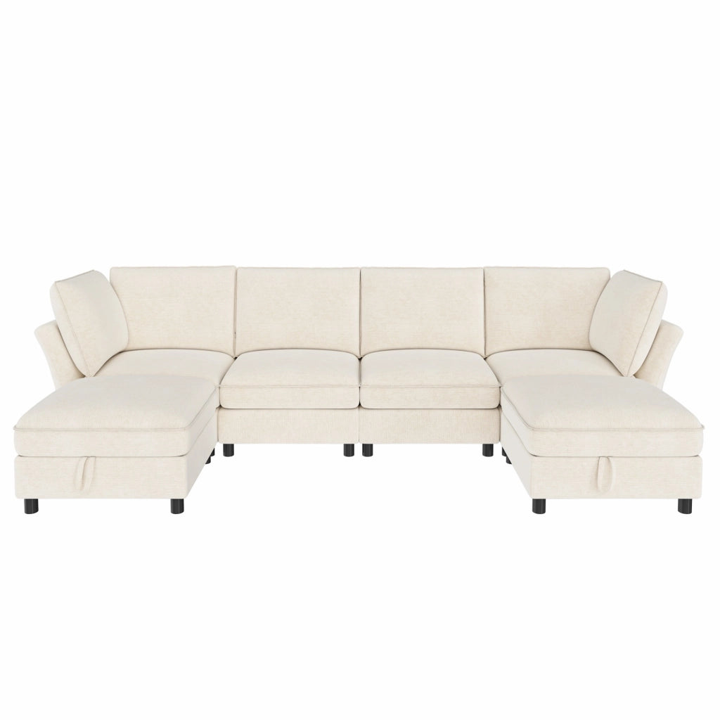 DIVANO Modulare U 289x137x84 cm in Chenille Beige con 2 pouf