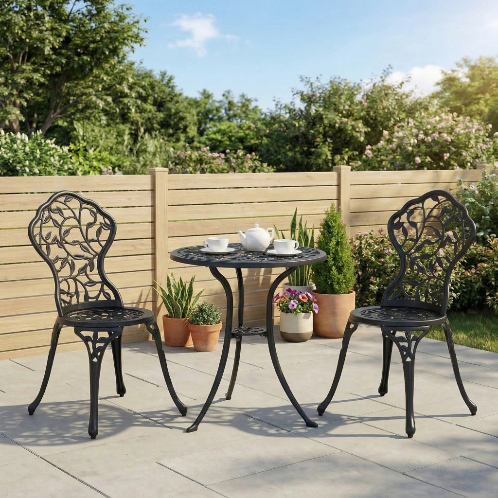 Set da Giardino 3 Pezzi con 2 Sedie da Esterno e Tavolo Rotondo in Alluminio, Nero