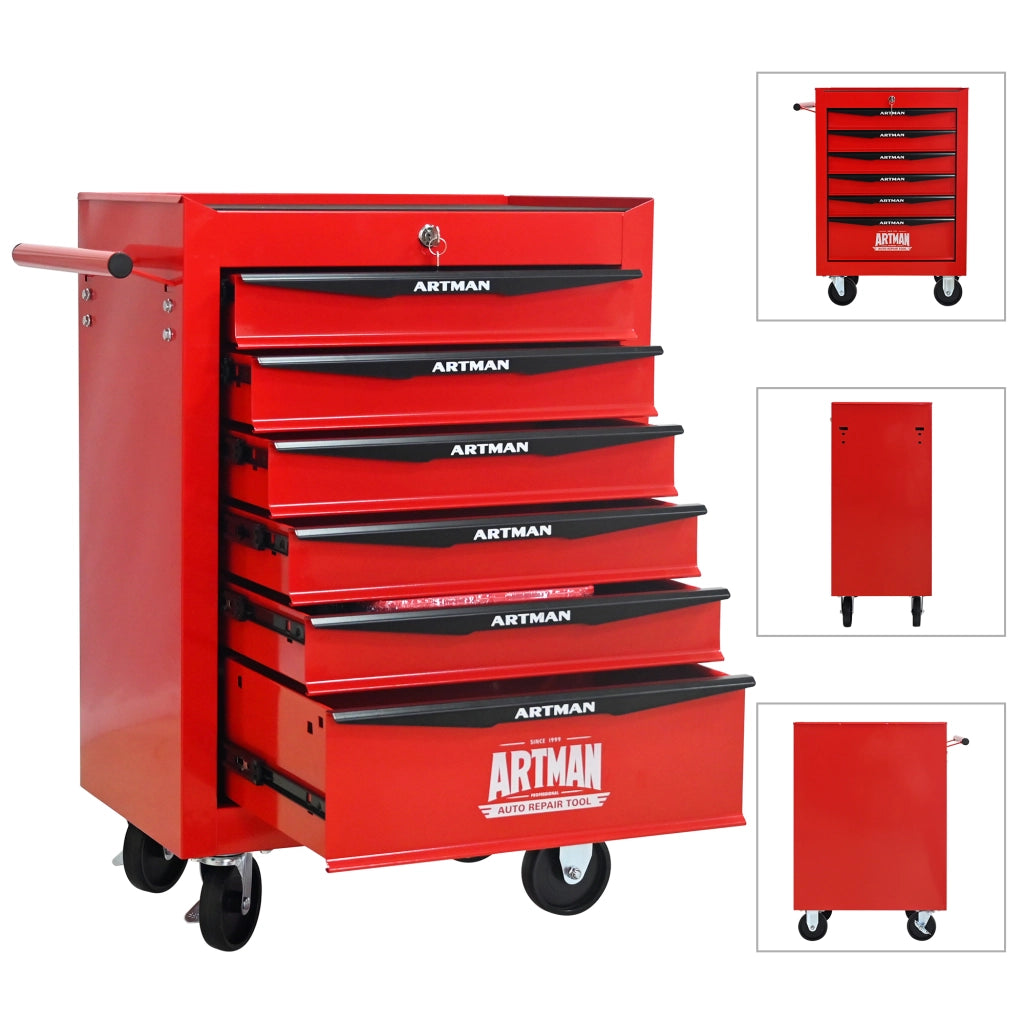 Mobile contenitore con 6 cassetti e ruote, chiudibile, in acciaio, per garage e officina, rosso e nero, 60 × 33 × 77,5 cm
