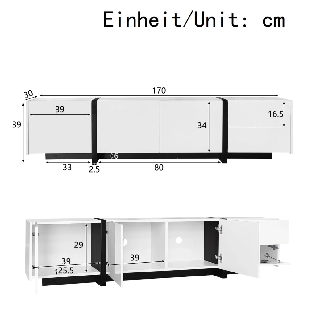 Mobile TV 170x30x39 cm; finitura lucida con 3 ante; 1 cassetto e ribalta; truciolato bianco