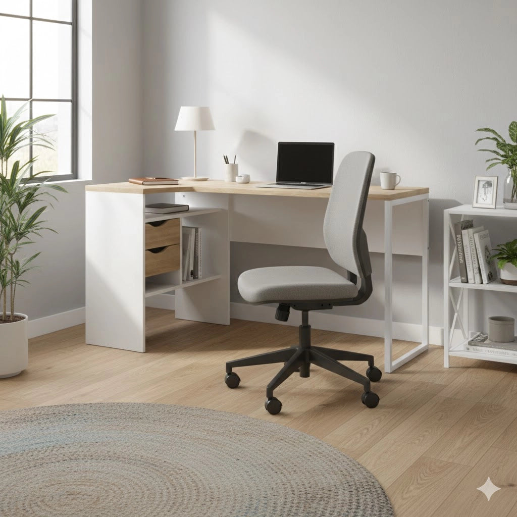 Scrivania Angolare Function Plus 8011849AK 2 Cassetti e Vano Bianco Quercia 145 x 81 x 77 cm
