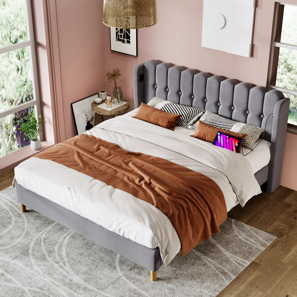 Letto imbottito 180x200 cm con ricarica USB e Type-C; lino grigio (Senza materasso)
