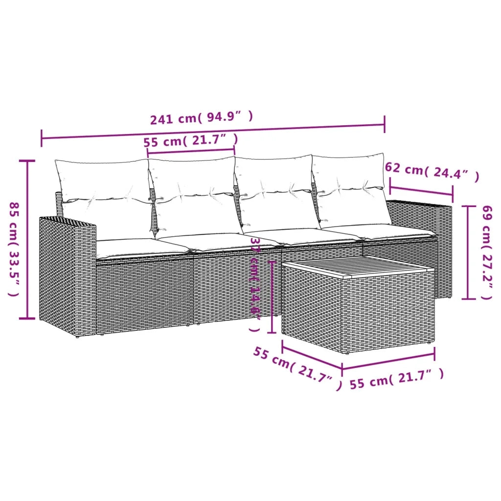 Set Divano da Giardino 5 pz con Cuscini Beige in Polyrattan