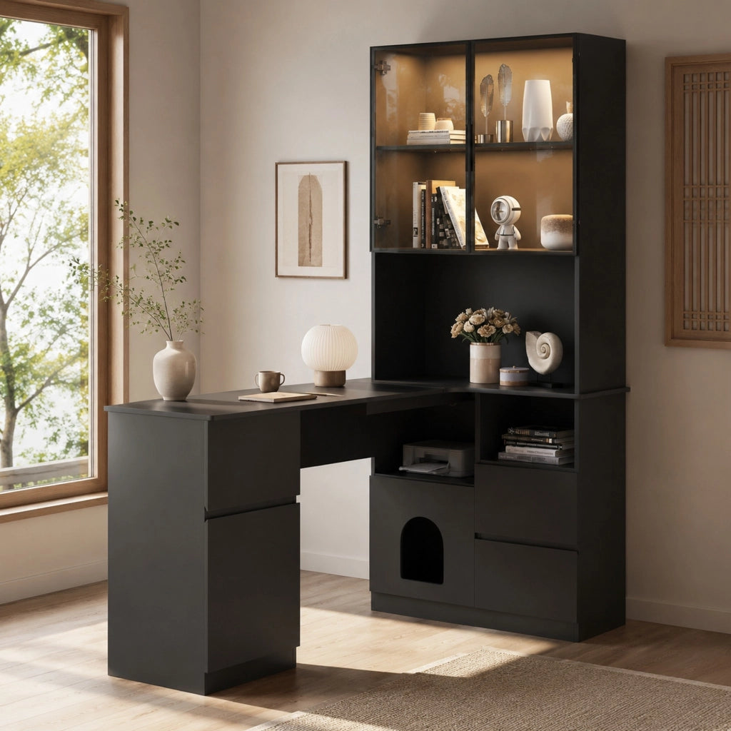 Scrivania angolare con scaffale e vetrina LED in MDF nero, con vani e passacavi, 120 × 80 × 180 cm