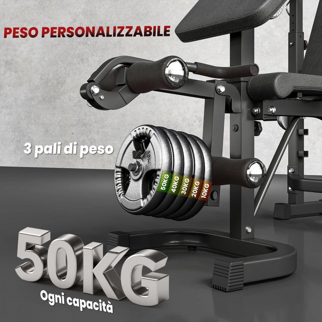 Panca Multifunzione Regolabile 187x140x117-136 cm con Rack Bilanciere in Acciaio e PU Grigio e Nero