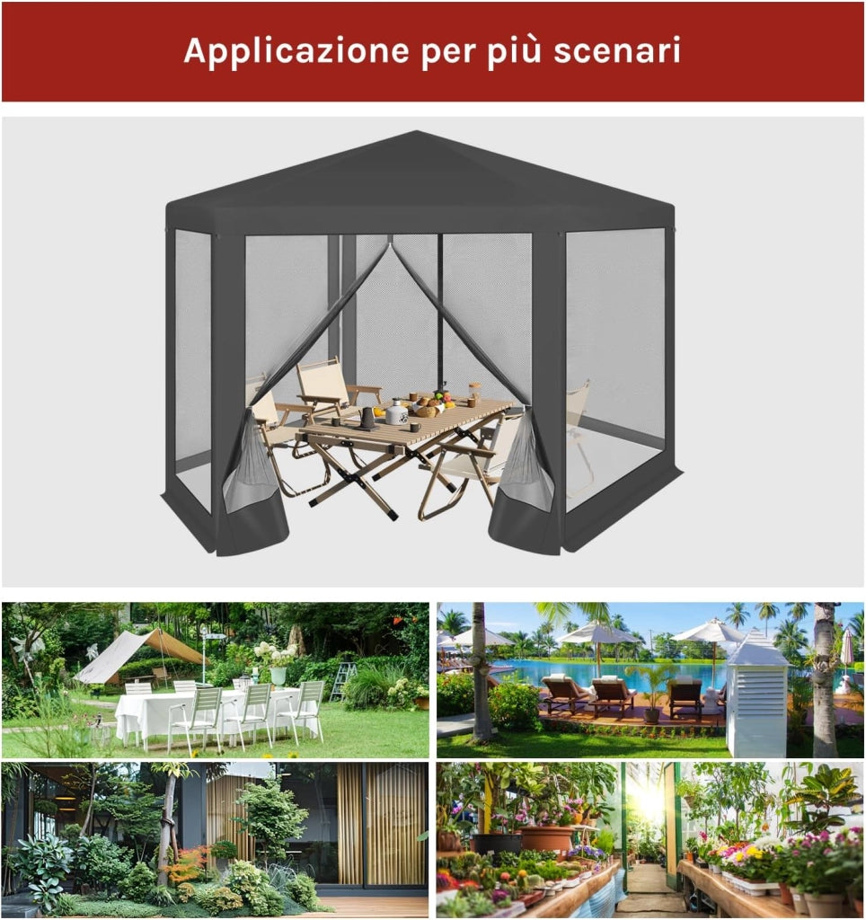 Gazebo da Esterni, Pergolato da Giardino, Gazebo Pieghevole e Impermeabile, con Pareti Laterali a Zanzariera, Esagonale, per Campeggio, Feste, 3,8x3,3m, Grigio