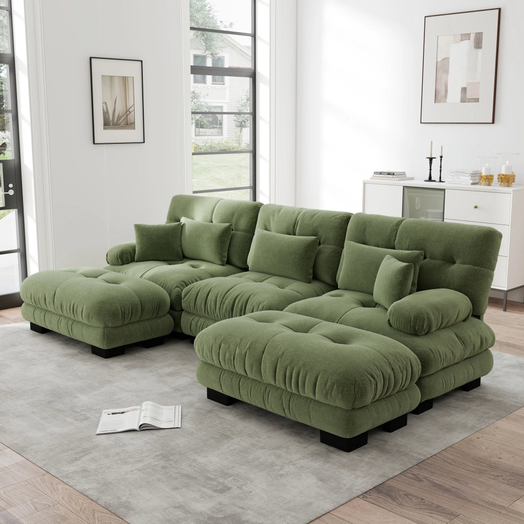 Divano modulare angolare a U con seduta profonda e pouf mobili, in ciniglia verde 313 × 145 × 81 cm