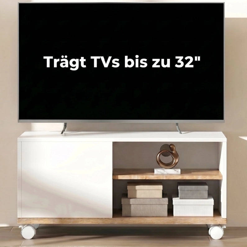 Mobile TV compatto su ruote con vano chiuso e ripiano regolabile, bianco e rovere chiaro
