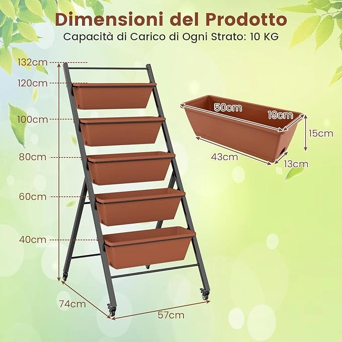 Letto da Giardino a 5 Livelli con 5 Contenitori per Piante, Drenaggio dell'Acqua e Ruote, Fioriere Rialzate in Metallo e PP per Verdure, Fiori ed Erbe, da Patio, Terrazzo e Balcone