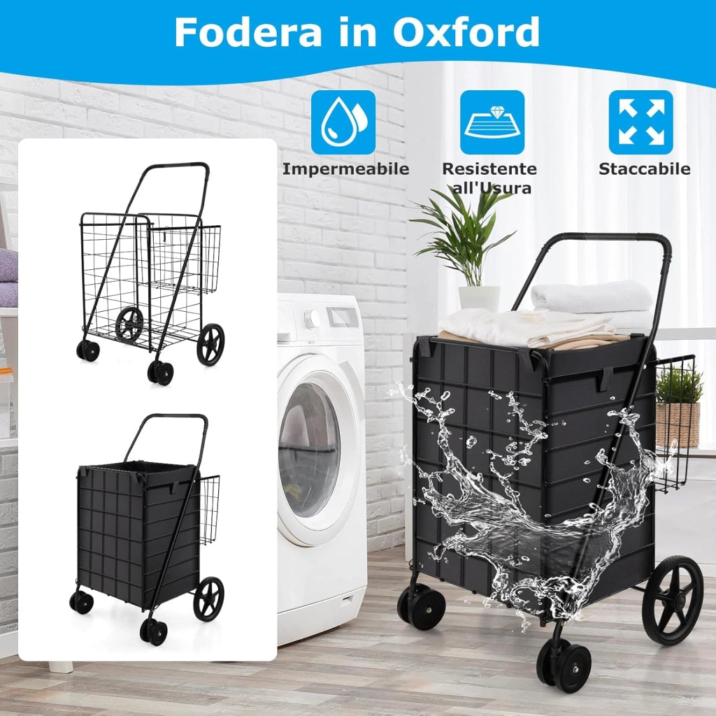 Carrello Portaspesa Pieghevole, Carrello Spesa con Ruote Girevoli a 360° e Borsa Impermeabile Removibile, Capacità di Carico 40 kg, 102L, 61 x 60 x 102 cm