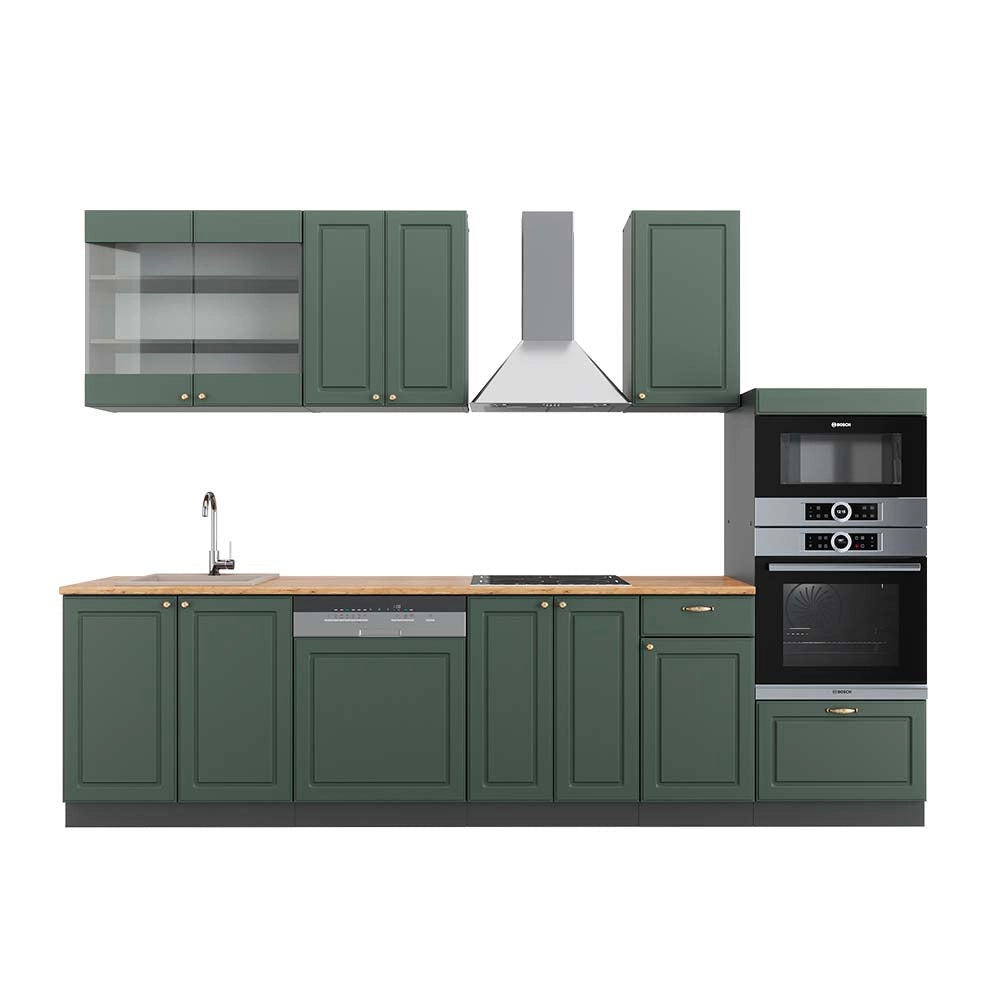 Cucina componibile Fame-Line Verde-oro rustico/Antracite 300 cm con armadio alto, PL Rovere Vicco