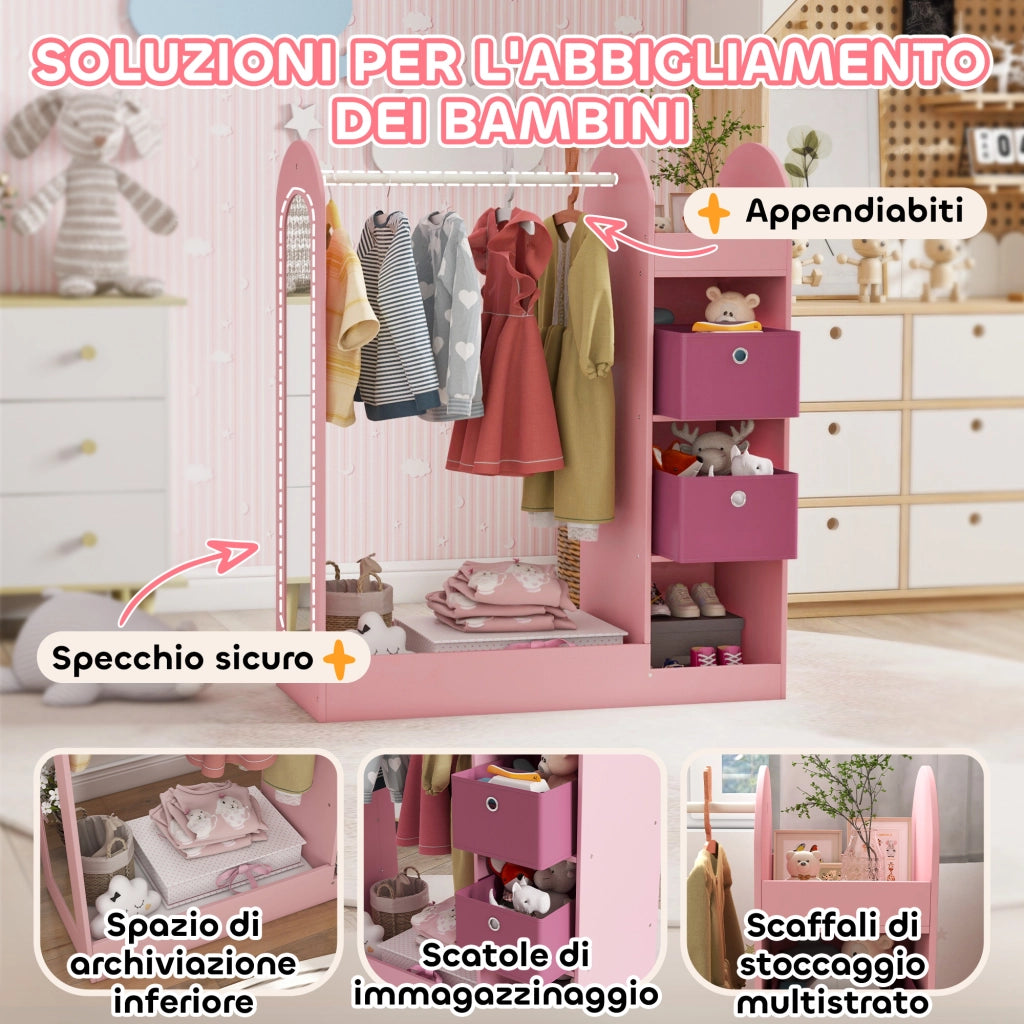 Appendiabiti per Bambini con Ripiani, Scatole e Specchio in Legno, Rosa