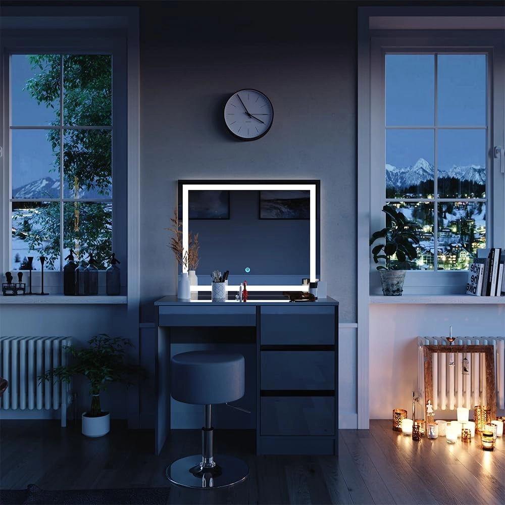 Tavolo da toeletta Sherry, Grigio, 90 cm con specchio LED e sgabello, con illuminazione LED e sedile regolabile in altezza