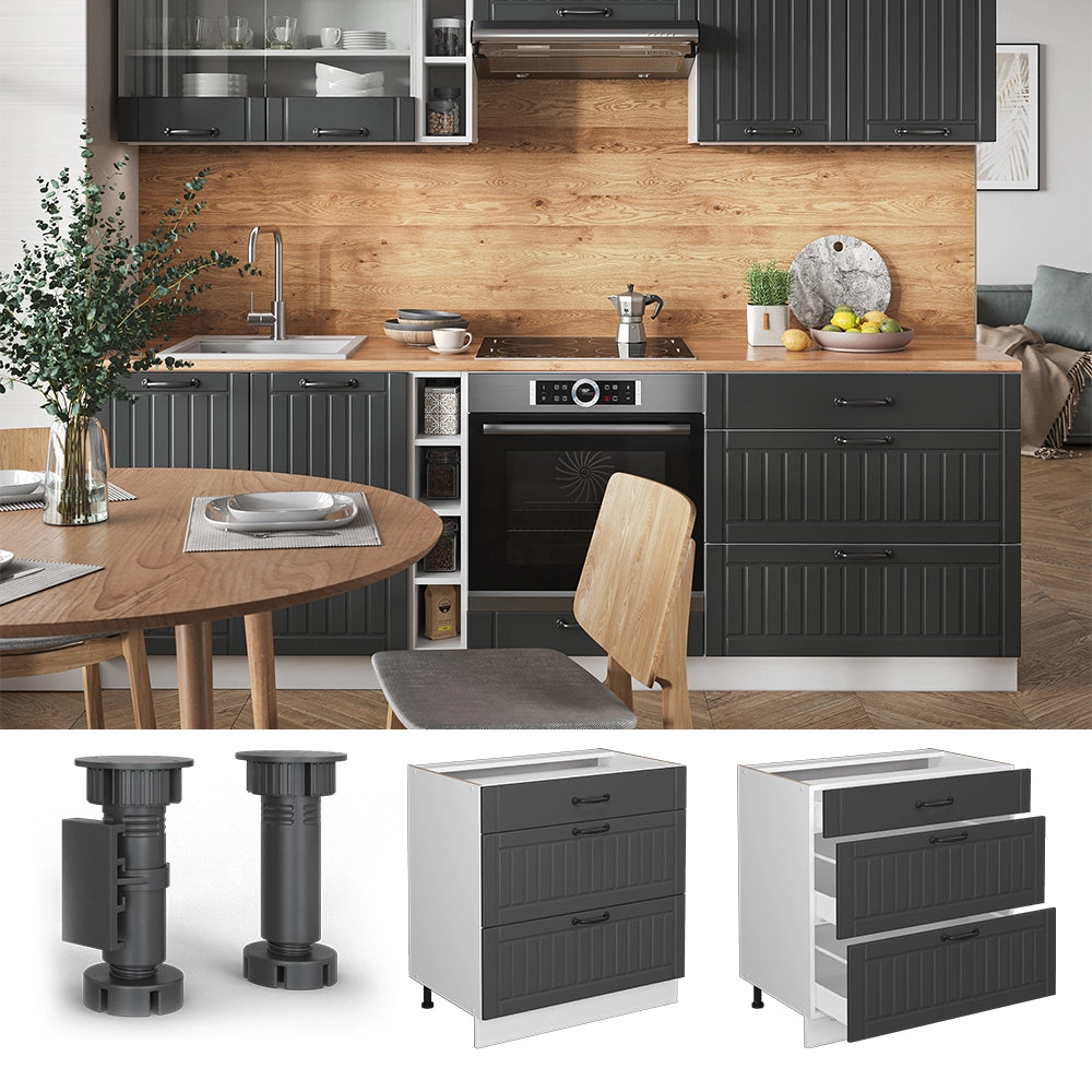 Mobiletto base per cucina Fame-Line Antracite rustico/Bianco 80 cm con 3 cassetti, PL Antracite Vicco