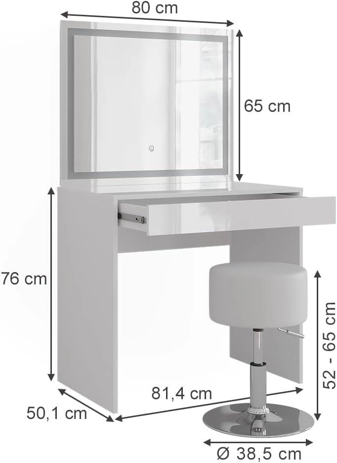 Tavolo da toeletta Sherry, Bianco/bianco lucido, 81.4 cm con specchio LED e sgabello