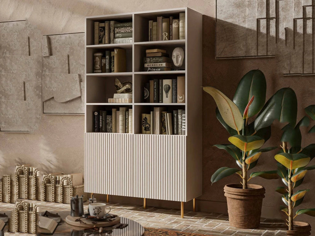 Libreria Estarreja, Mobile portalibri con vani aperti e due ante, Rialzato da terra, 100x42 h177 cm, Beige