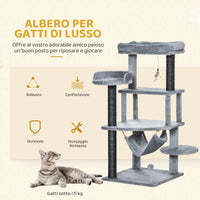 Albero Tiragraffi per Gatti con Palo Casetta Letto Amaca e 2 Giochi in Legno e Peluche Grigio