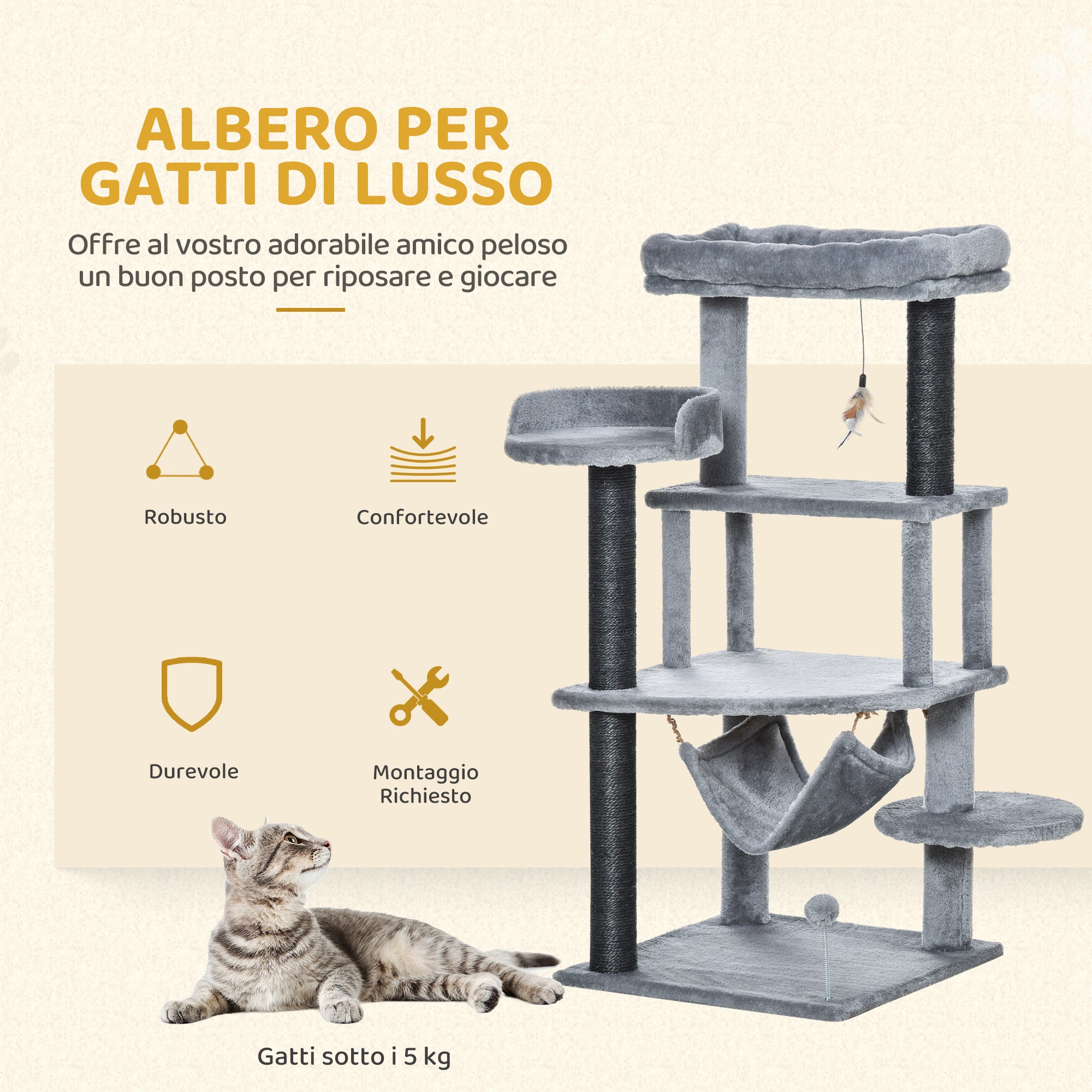 Albero Tiragraffi per Gatti con Palo Casetta Letto Amaca e 2 Giochi in Legno e Peluche Grigio