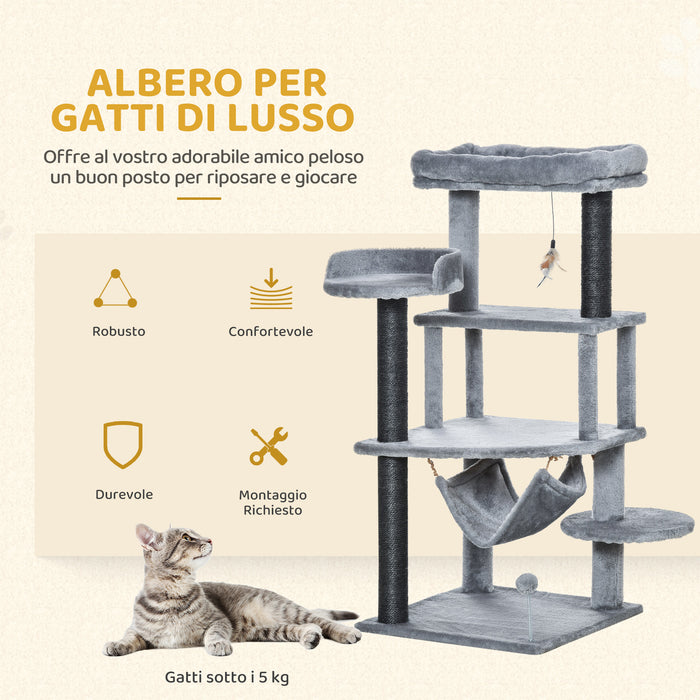 Albero Tiragraffi per Gatti con Palo Casetta Letto Amaca e 2 Giochi in Legno e Peluche Grigio