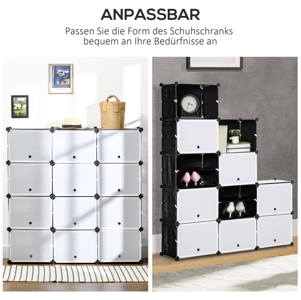 Scarpiera modulare 125x32x125 cm in plastica nera e bianca， 12 cubi