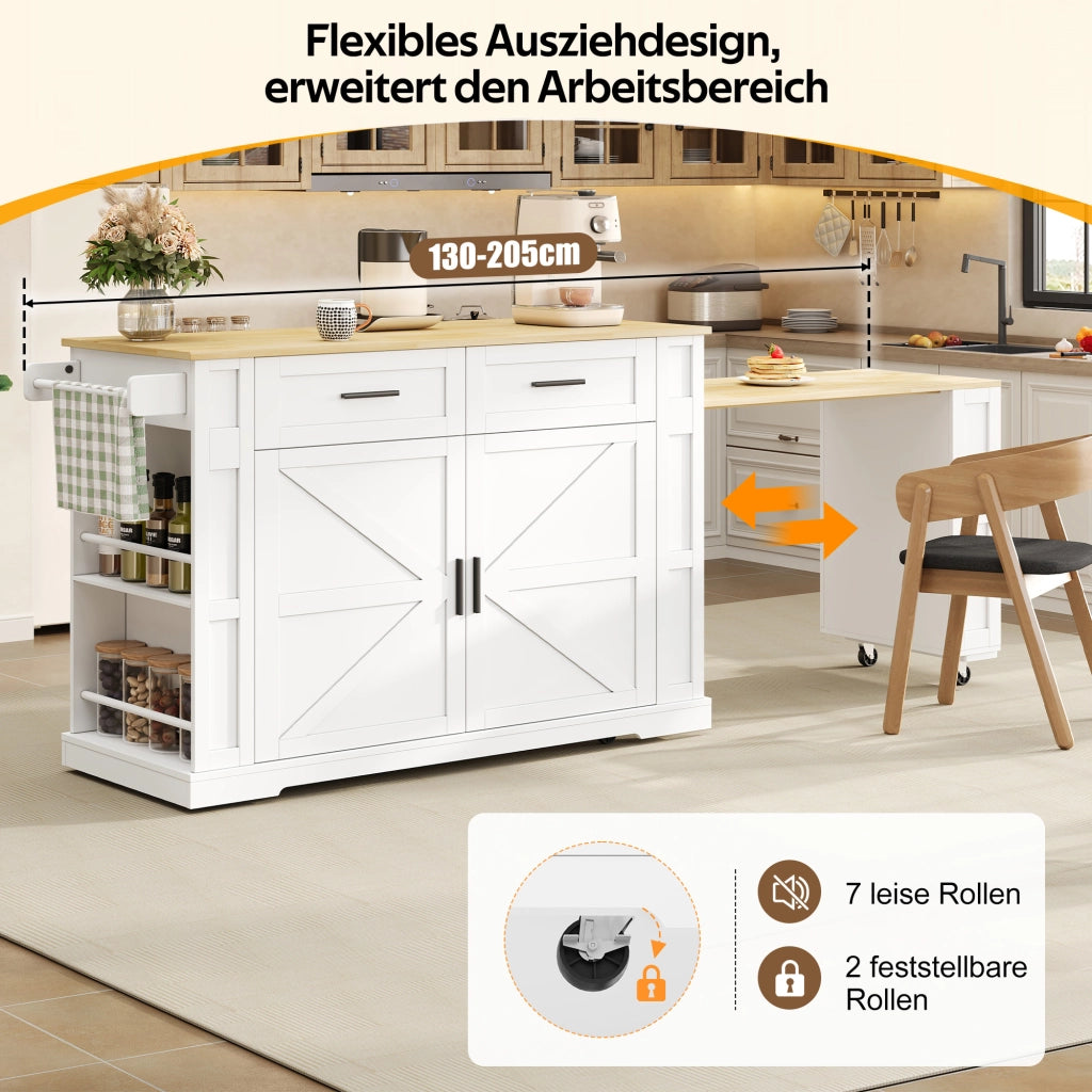 ISOLA CUCINA 130(205)x50x93 cm con prese, MDF Bianco/Legno