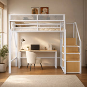 Hochbett in metallo 140x200 cm con scala di sicurezza e ripiano flessibile, bianco
