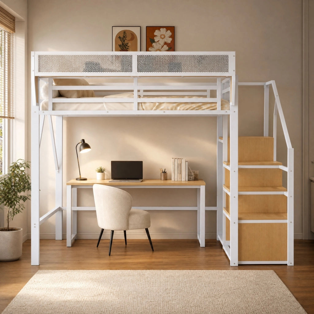 Hochbett in metallo 140x200 cm con scala di sicurezza e ripiano flessibile, bianco