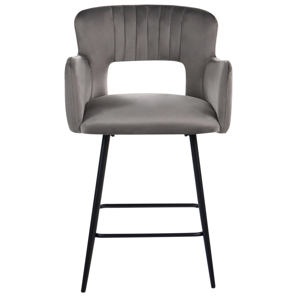 Set di 2 sgabelli da bar velluto grigio braccioli schienale intagliato gambe in metallo moderna industriale