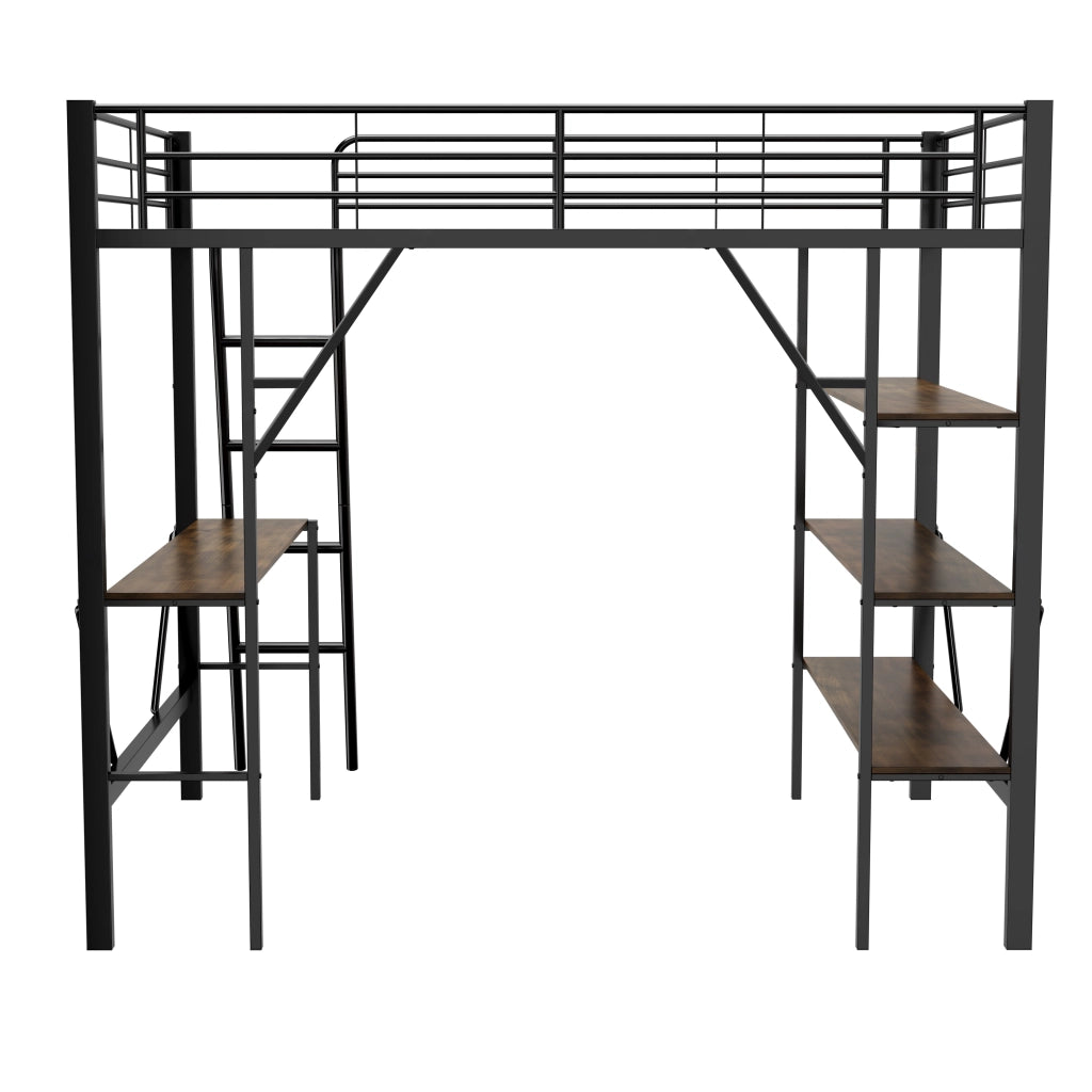 Letto a castello metallo nero con scrivania e tre ripiani 90x200 cm