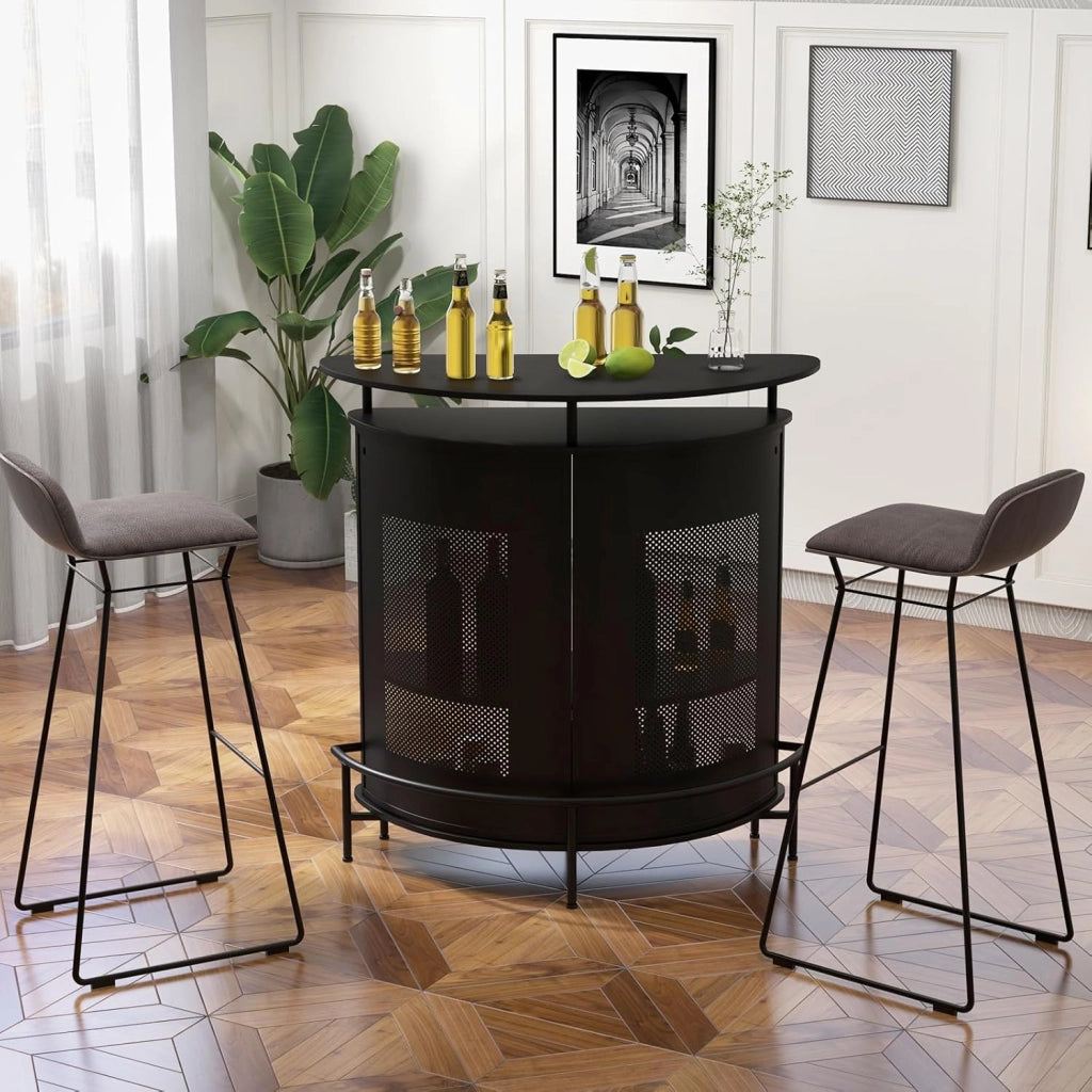 Tavolo da bar con 1 ripiano rialzato e 3 portabicchieri, tavolo da vino a 4 livelli, tavolo per bere, cucina, poggiapiedi in stile industriale, nero, 110,5 x 48 x 112,5 cm (semi-circolare)