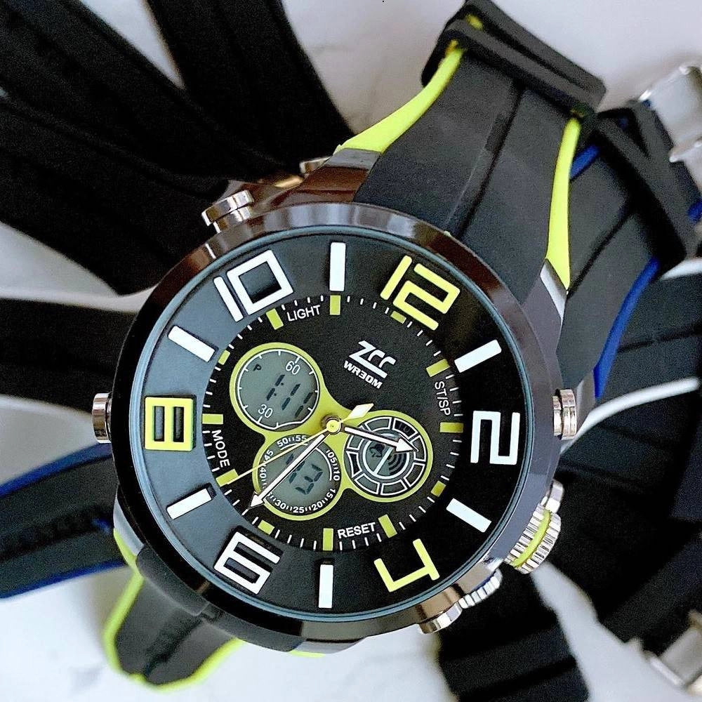Trade Shop - Orologio Polso Zcc Uomo Analogico Digitale Dual Time Sveglia Sport Giallo Nero -