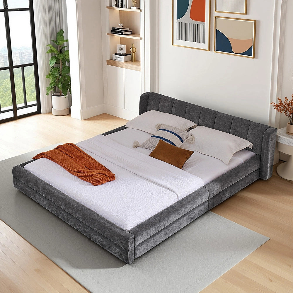 Letto Matrimoniale 140x200cm - Xylo - Testiera Chenille e Struttura Eucalipto/Ferro Grigio Scuro